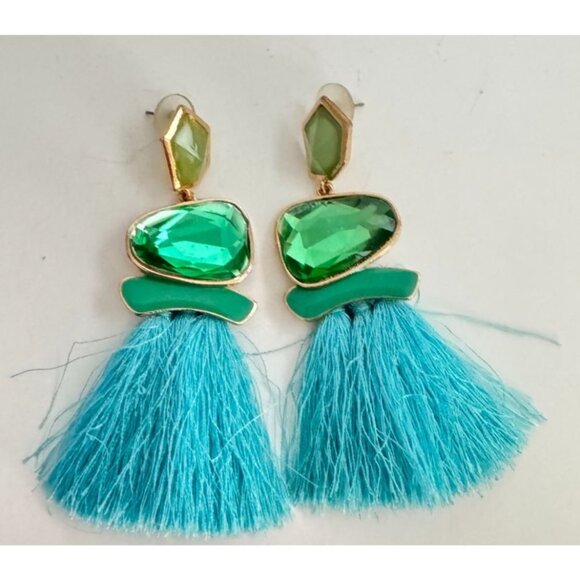 Boho Statement Tassel Earrings Green Gem Blue Fringe 3.5” - Picture 4 of 4